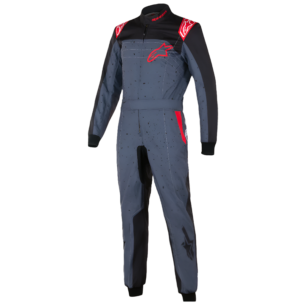 Gray racing suit with red accents on a white background