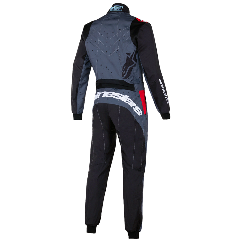 Motorcycle racing suit with 'Alpinestars' branding on a white background