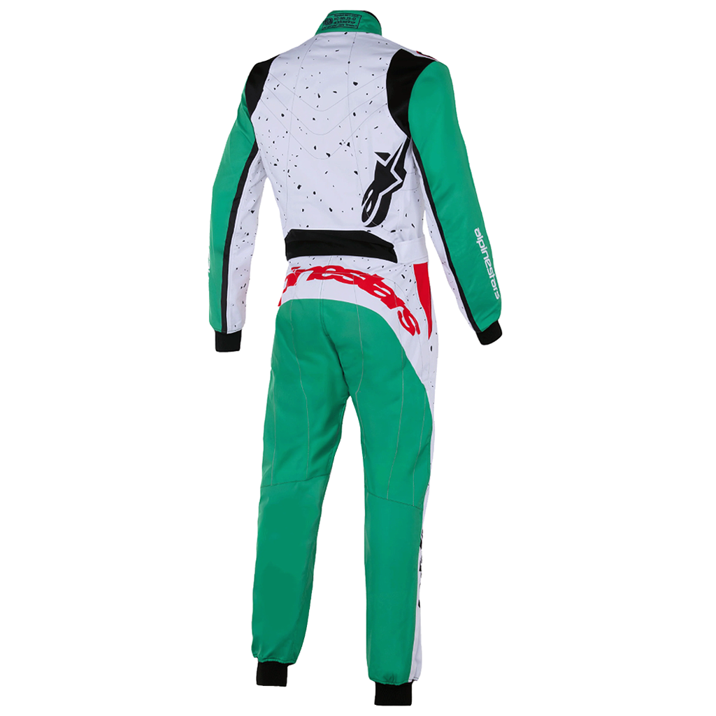 Karting suit with green, white, and black design on a white background