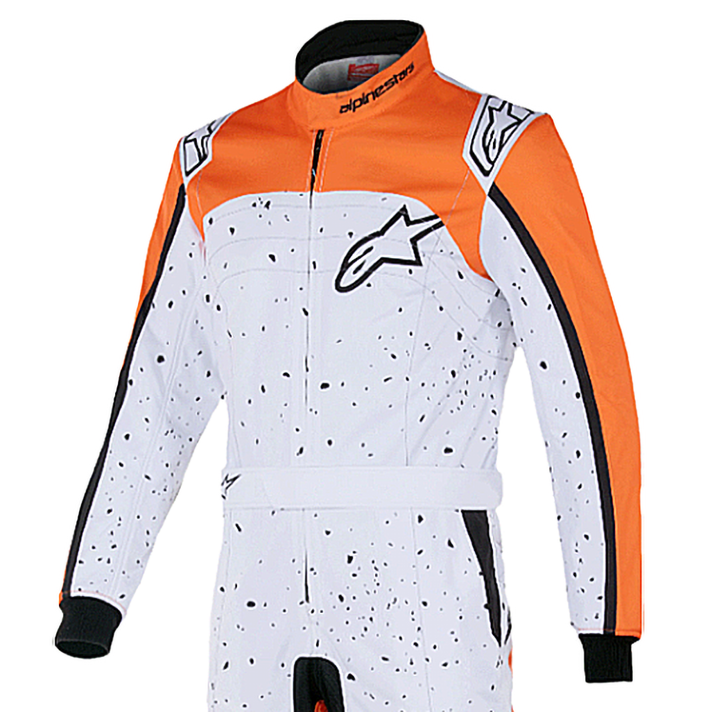 Orange and white racing suit with black speckles on a white background