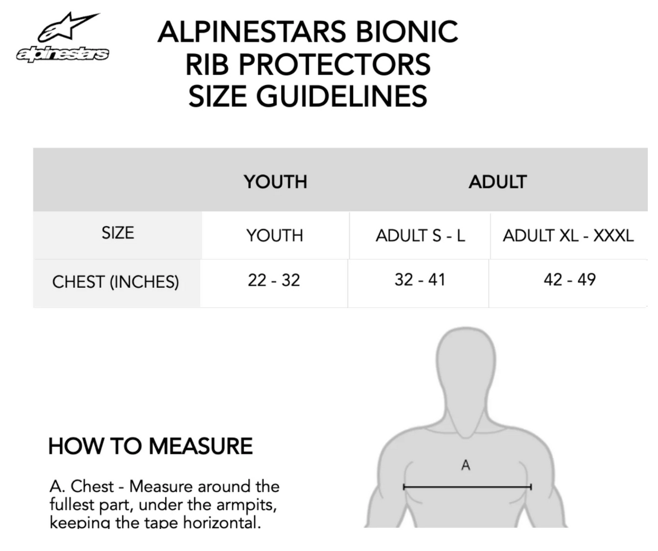 Alpinestars bionic rib protectors size guidelines chart with measurements for youth and adult sizes.