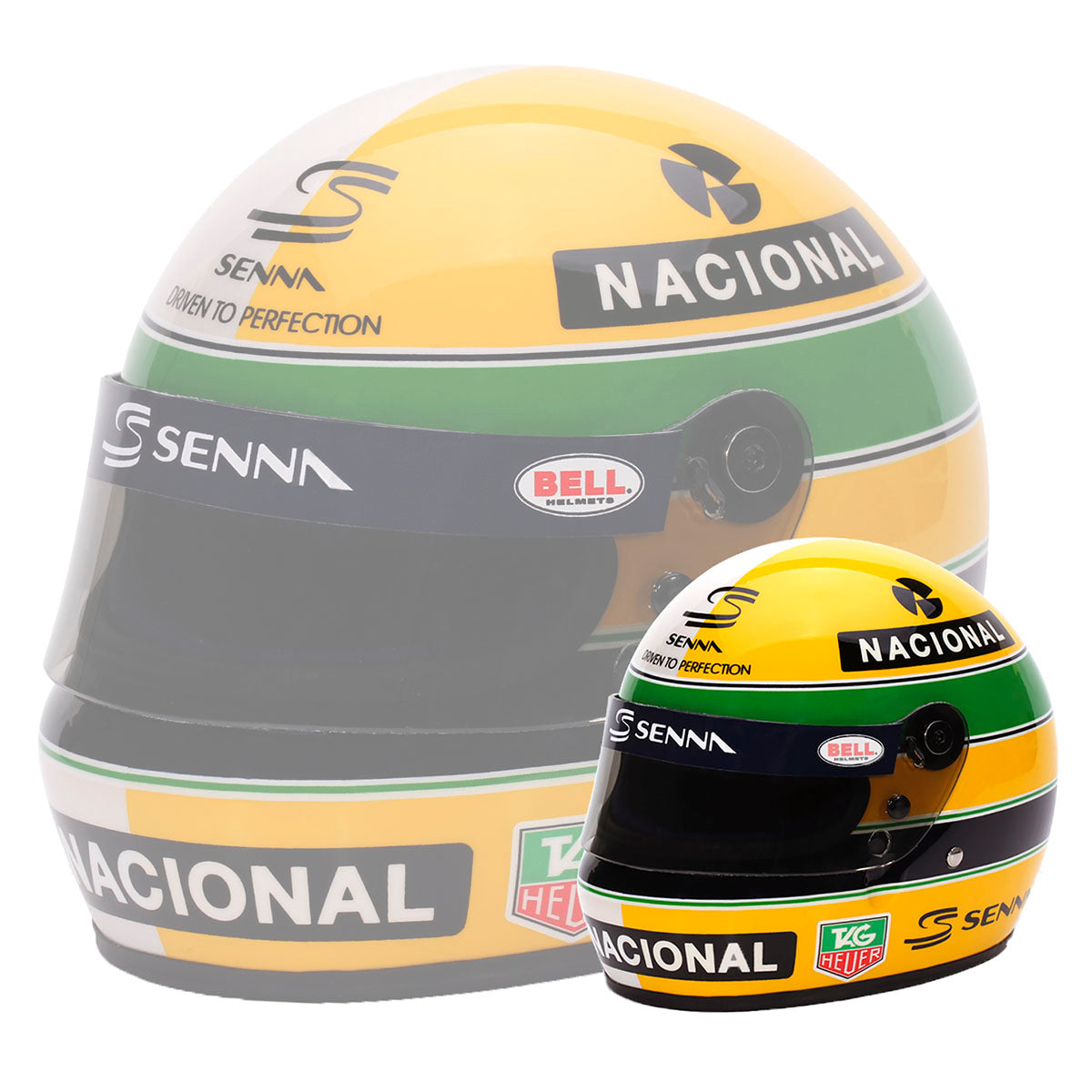 A 1:2 scale replica of Ayrton Senna's helmet, featuring yellow, green, and blue colors with 'NACIONAL' and 'SENNA' branding, alongside its mirrored design.