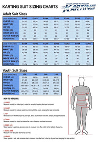 Thumbnail for Karting suit sizing chart for adults and youth with measurements and a body diagram.