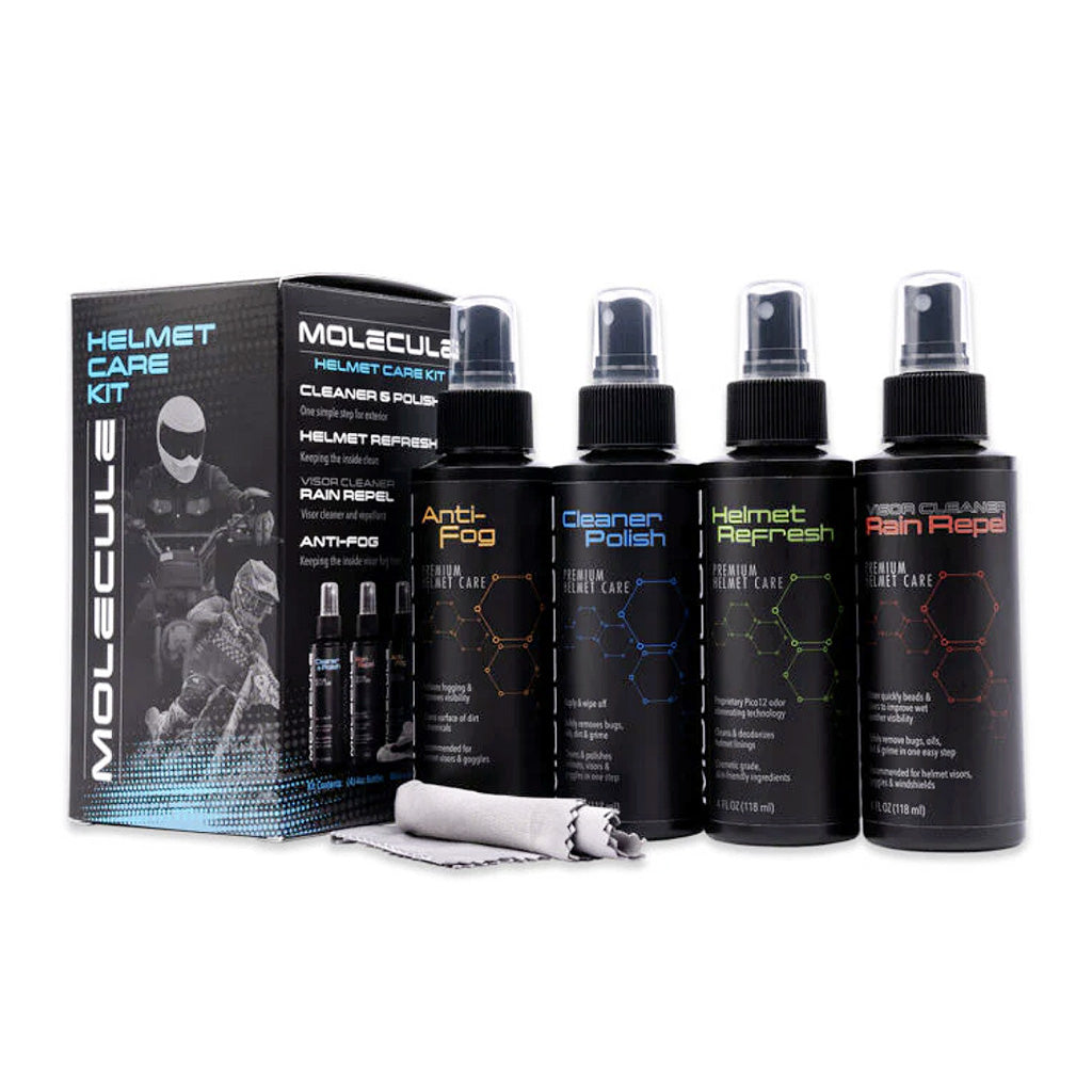 Molecule helmet care kit with bottles and packaging on a white background