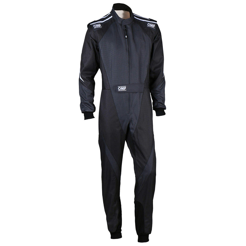 Black racing suit with OMP branding on a white background