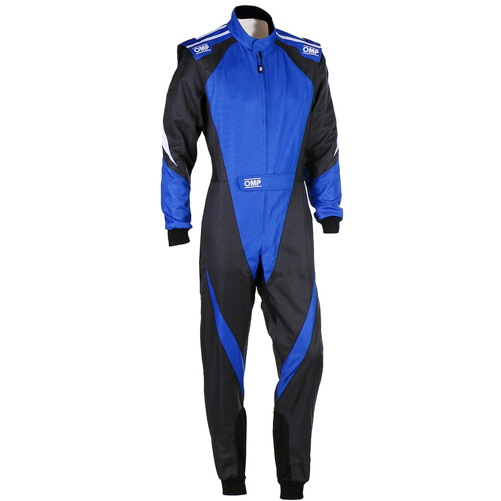Black and blue racing suit with OMP branding on a white background