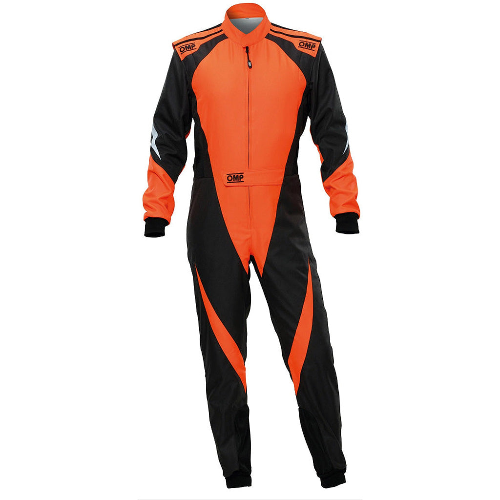 Black and orange racing suit with visible branding on a white background