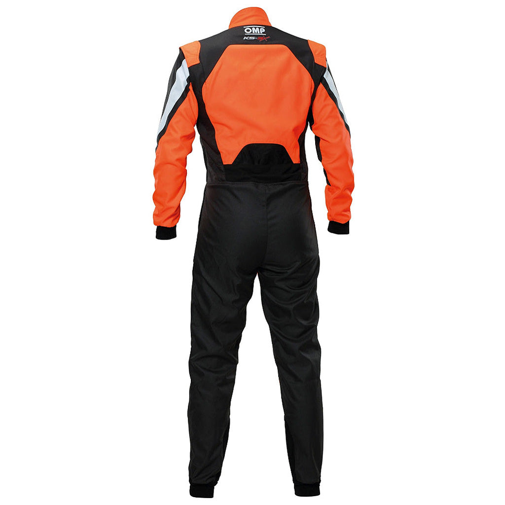 Orange and black racing suit with visible branding on a white background