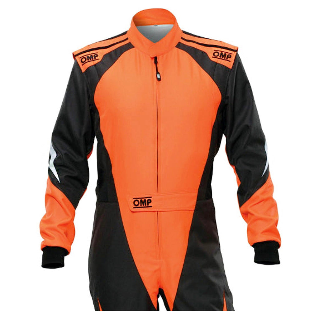 Orange and black racing suit with 'OMP' branding on a white background