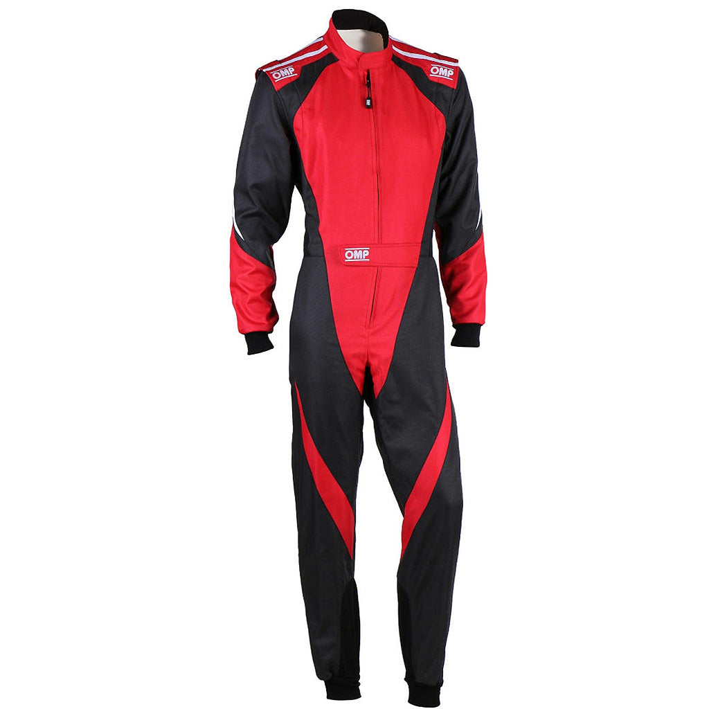 Red and black racing suit on a white background