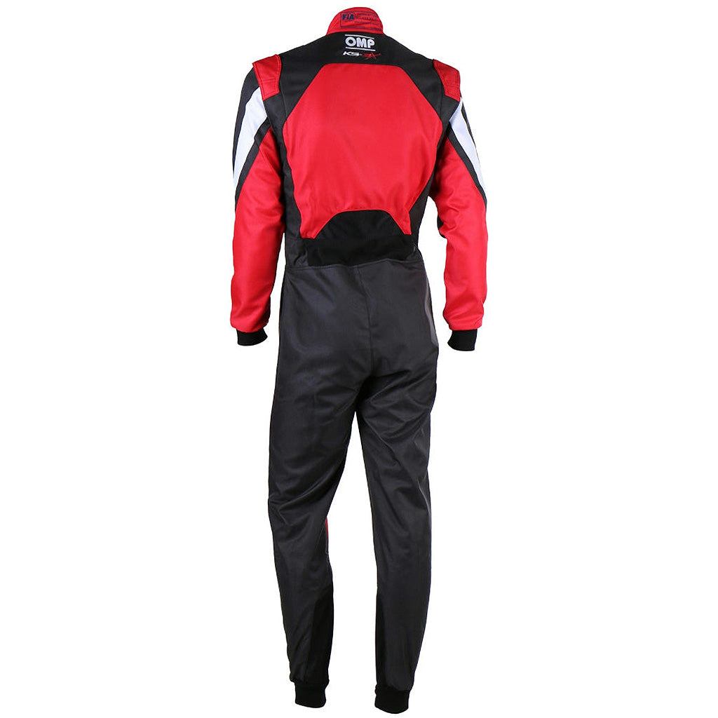 Red and black racing suit with visible branding on a white background