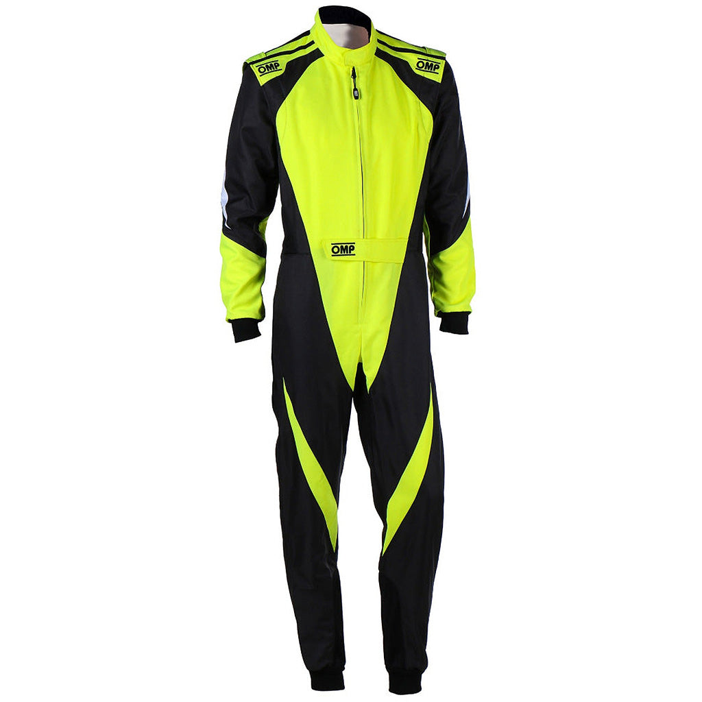 Black and yellow racing suit with OMP branding on a white background