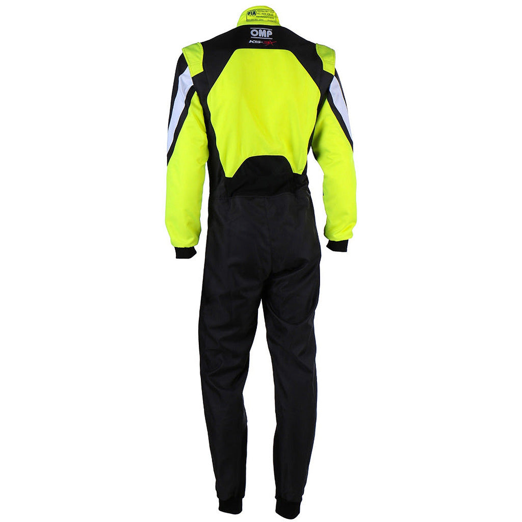Yellow and black racing suit with OMP branding on a white background