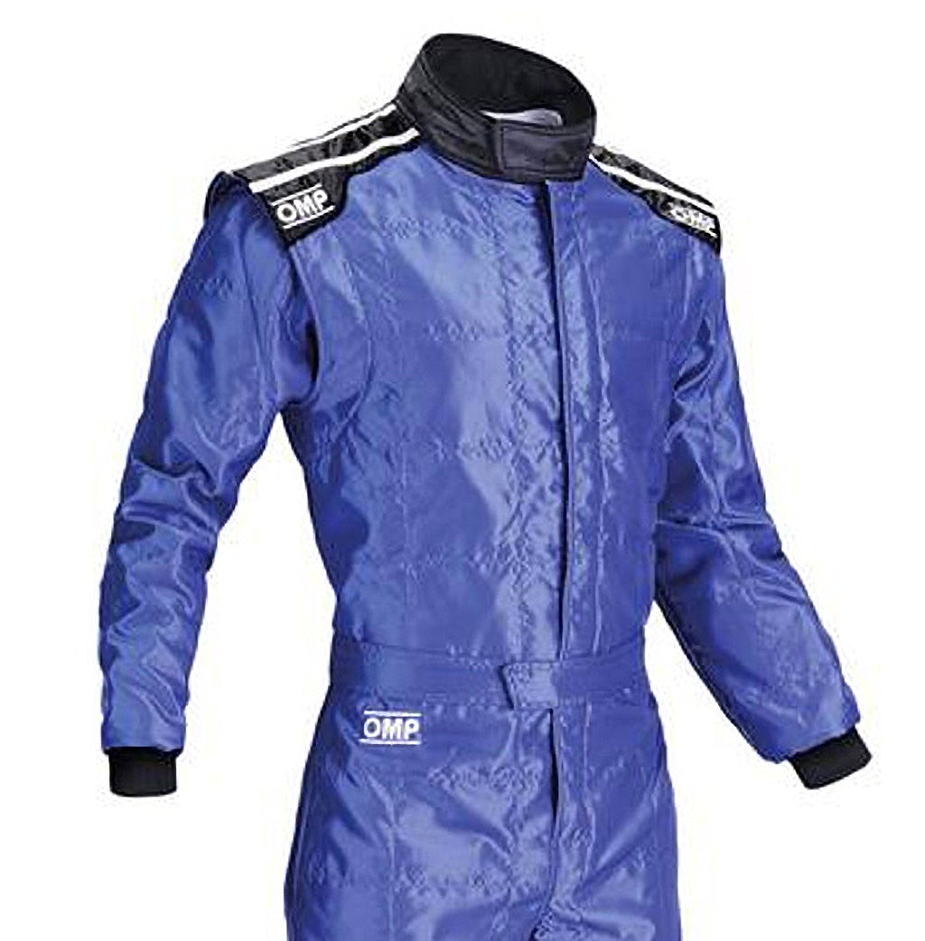 Blue racing suit with OMP branding on a white background
