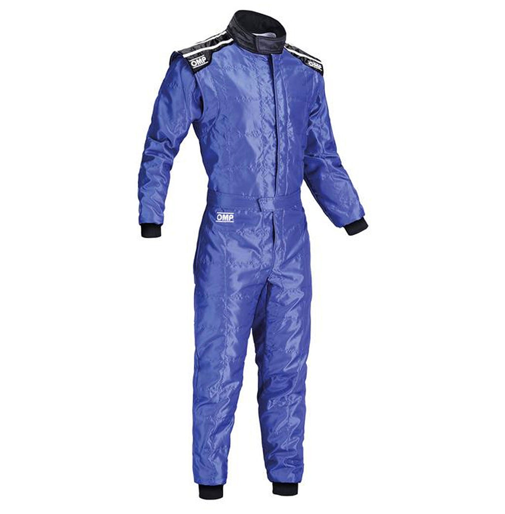 Blue racing suit with OMP logo on a white background