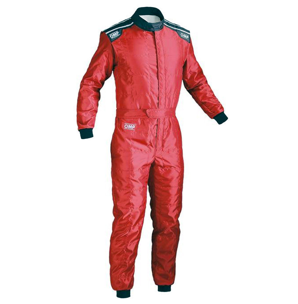 Red racing suit with OMP logo on a white background