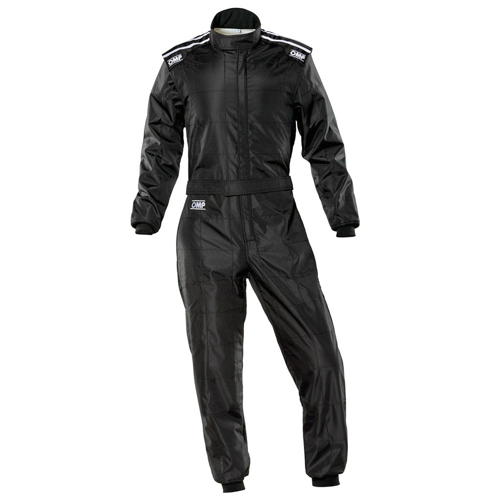 Black racing suit with white stripes on a white background