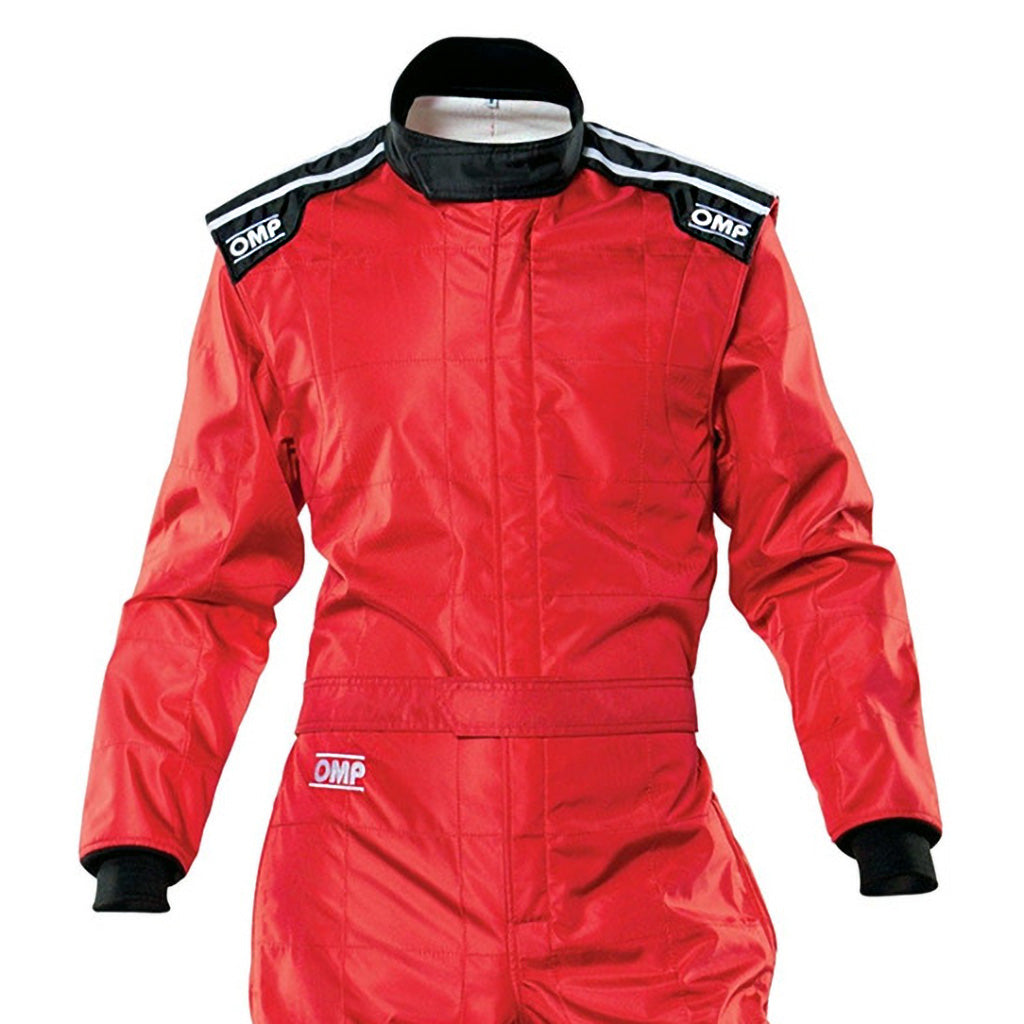 Red racing suit with black accents and OMP logo on a white background