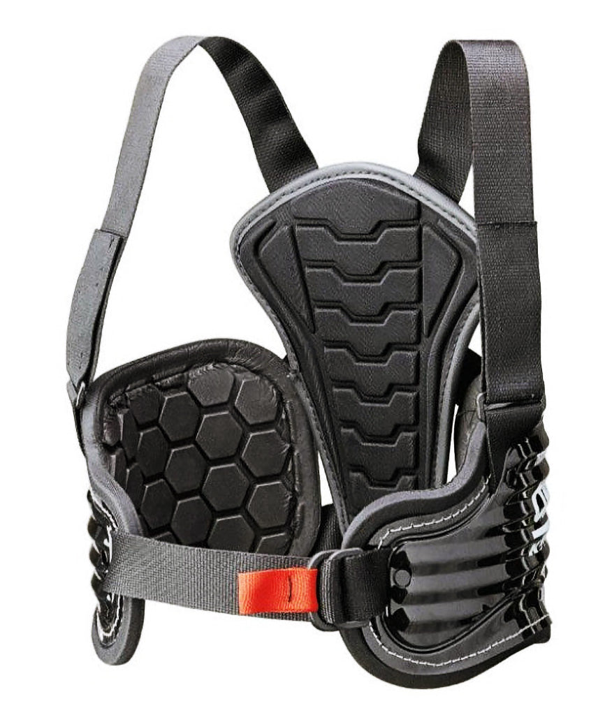 close-up of OMP KS rib protector showing adjustable chest straps