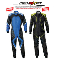 Thumbnail for Two racing suits with blue and black design on the left, and black and yellow design on the right, on a white background with OMP KS-3X Art branding.