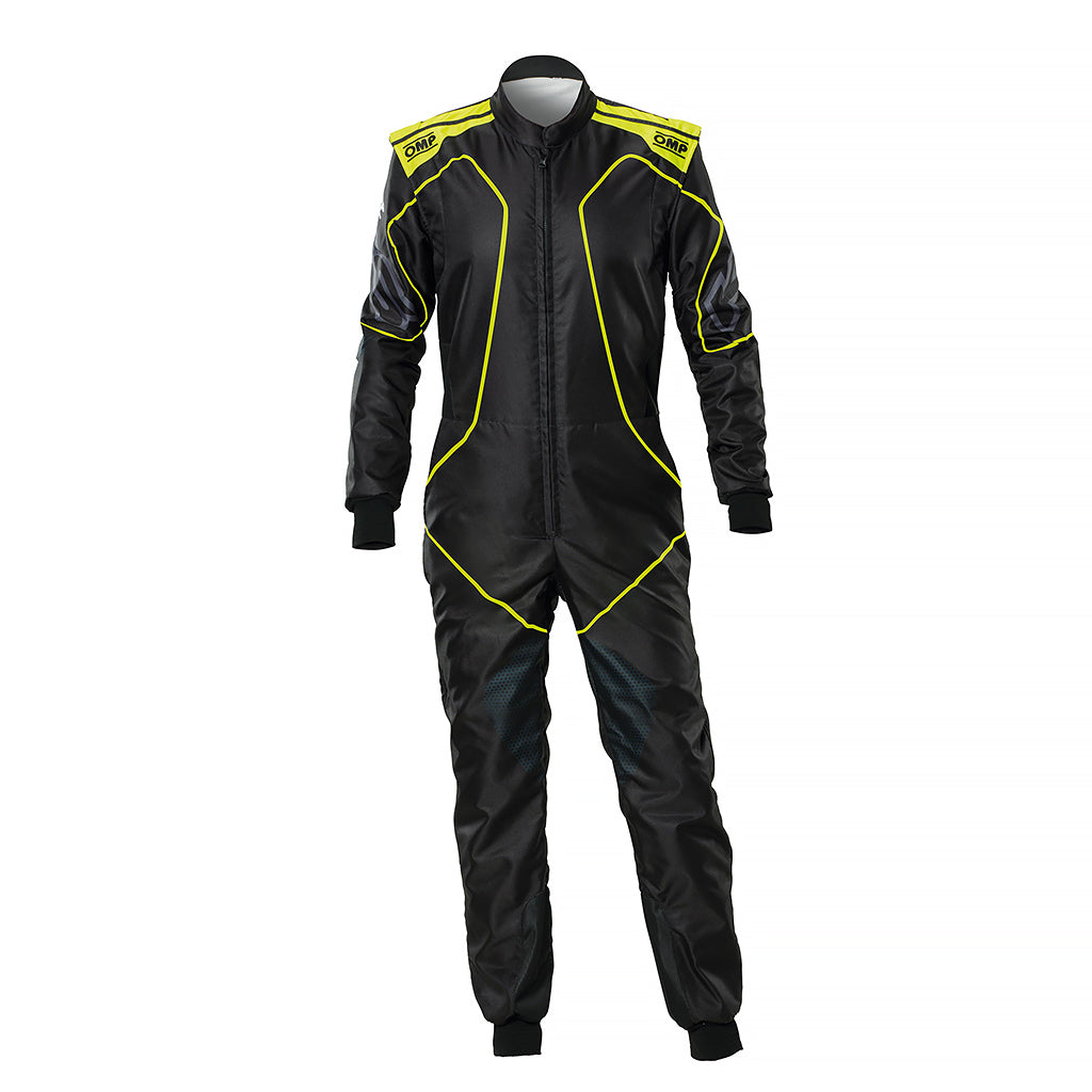 Black racing suit with yellow accents on a white background