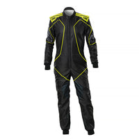 Thumbnail for Black racing suit with yellow accents on a white background