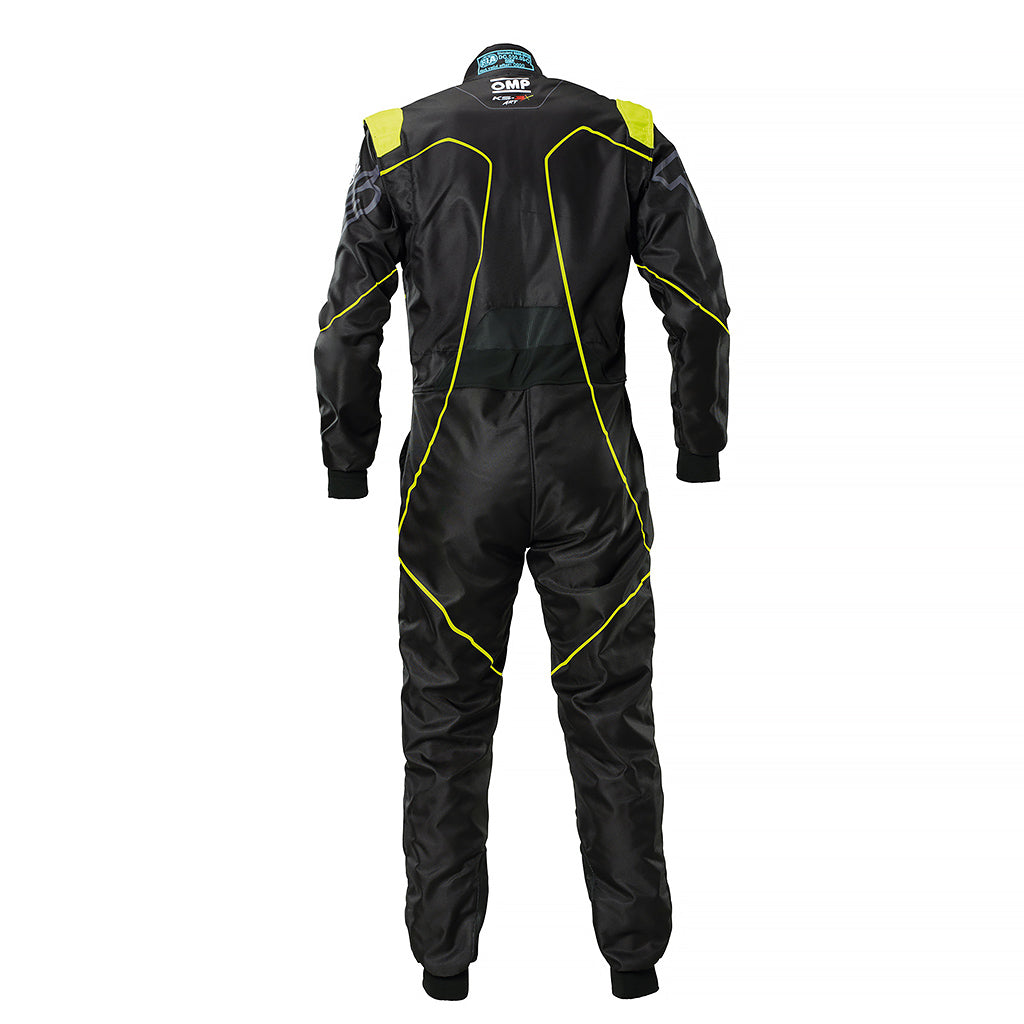 Black racing suit with yellow accents on a white background