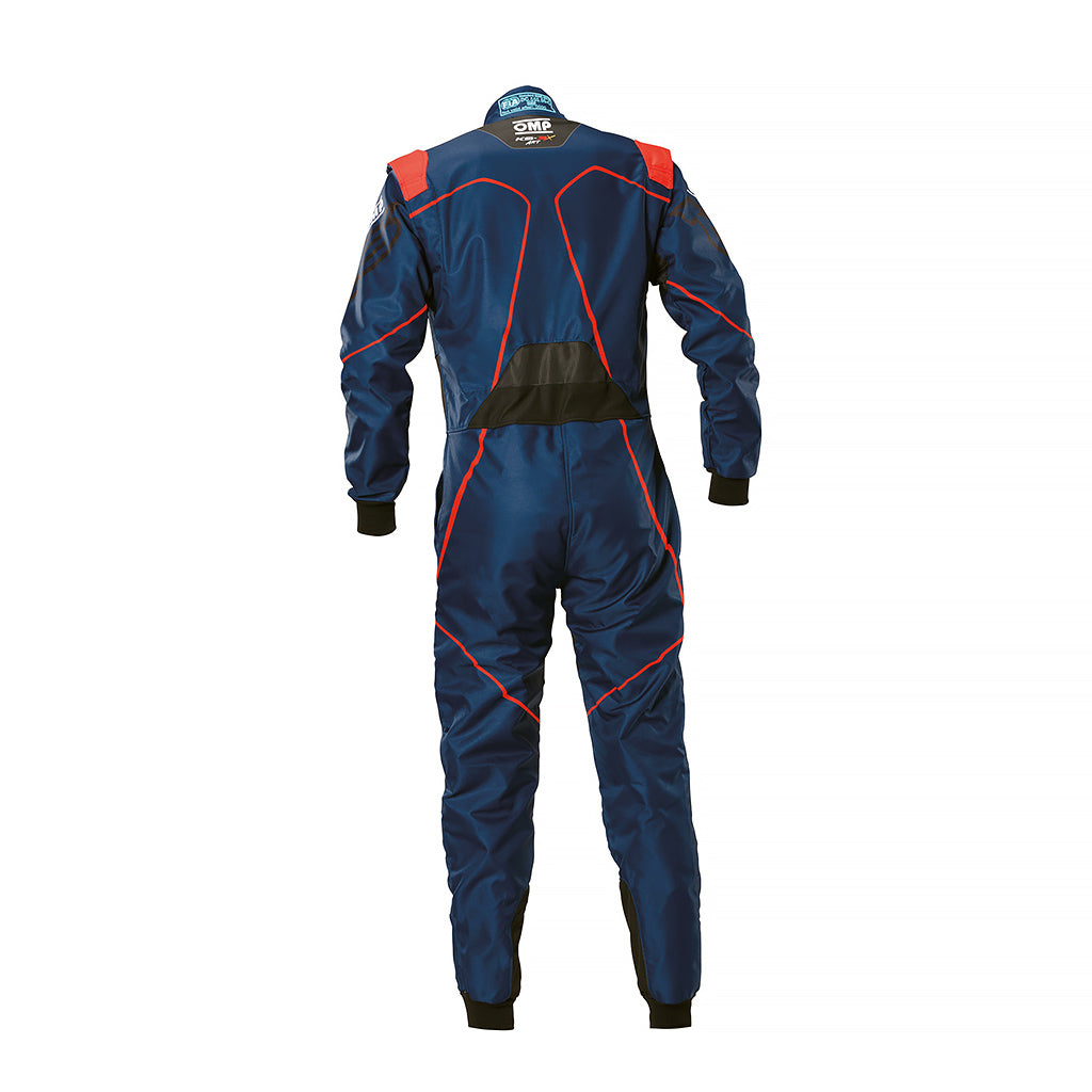 Blue racing suit with red accents on a white background