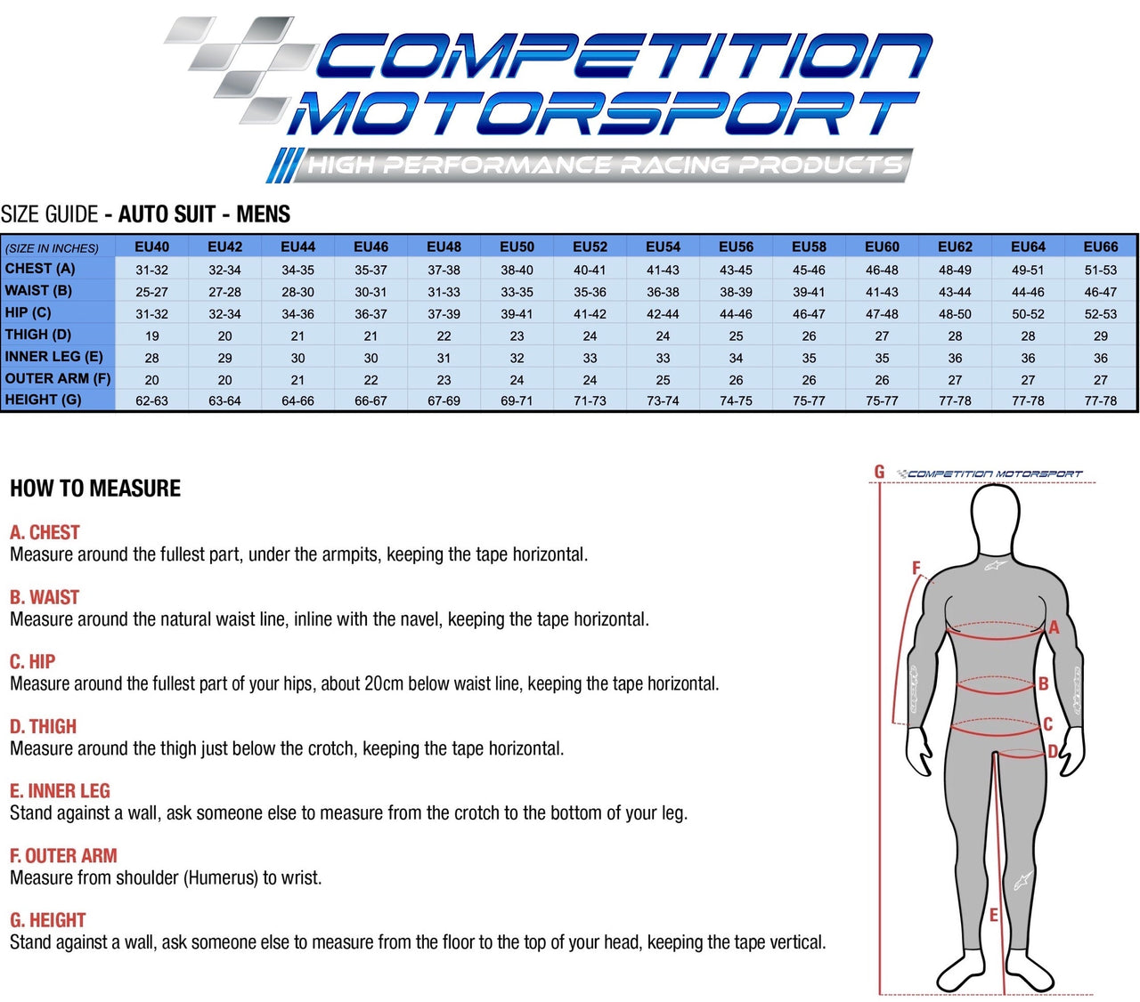 Alpinestars KMX-9 Kart Racing Suit Size Chart Image
