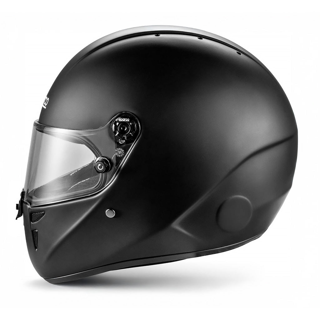 Black Sparco Stealth karting helmet with clear visor on a white background