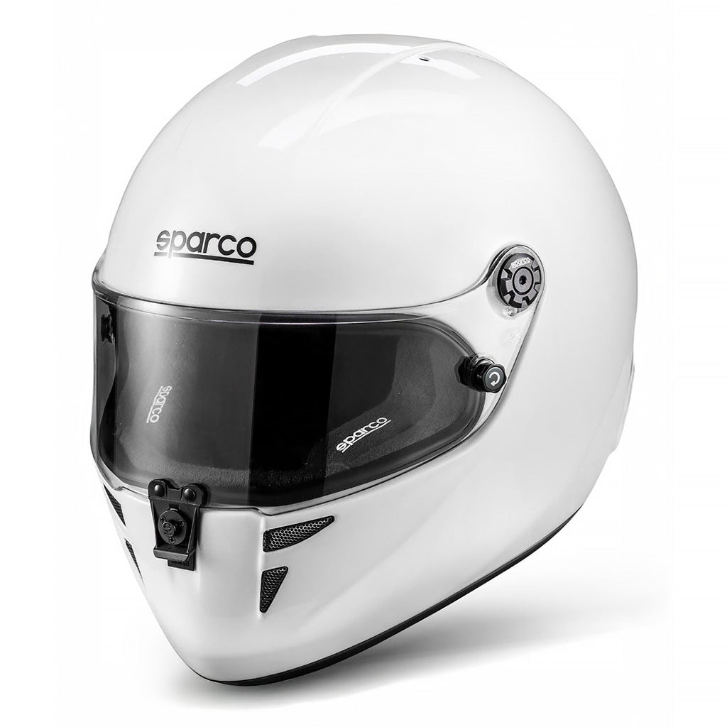 White Sparco helmet with a clear visor on a white background