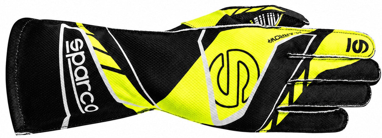 A Sparco racing glove in black and neon yellow, featuring the Sparco brand logo on the wrist and a stylized 'SP' logo on the back of the hand, shown against a plain white background.