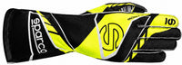 Thumbnail for A Sparco racing glove in black and neon yellow, featuring the Sparco brand logo on the wrist and a stylized 'SP' logo on the back of the hand, shown against a plain white background.