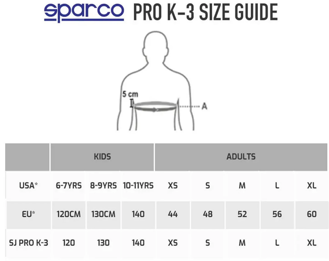 Sparco Pro K-3 size guide with a silhouette and measurement chart.