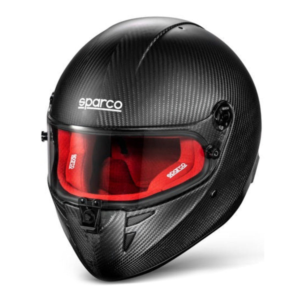 Sparco Stealth Carbon Fiber kart racing helmet with red interior padding