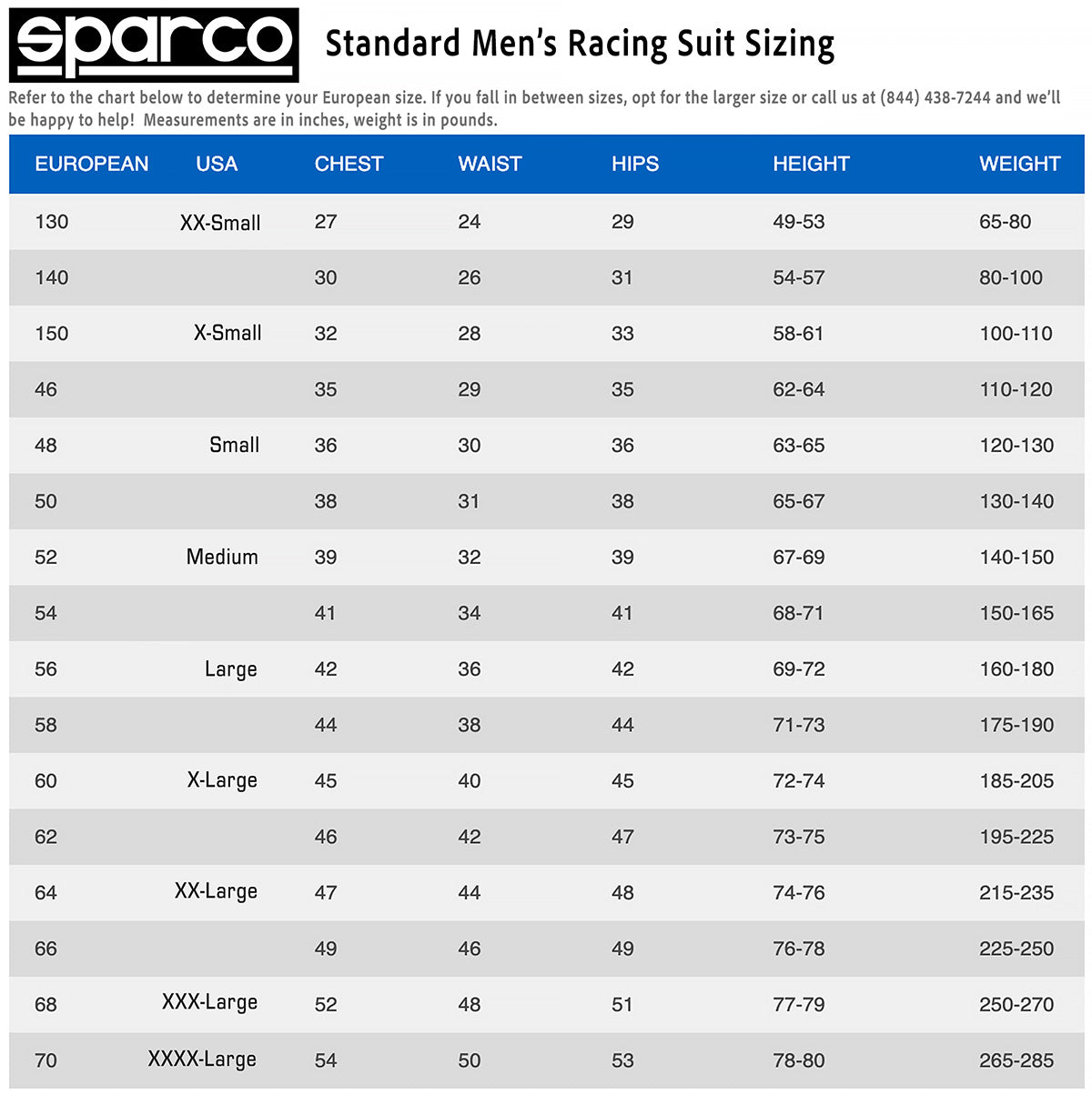 Sparco standard men's racing suit sizing chart