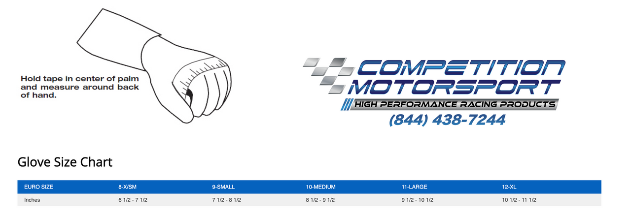 Sparco Tide-K Kart Racing Glove - Size ChartImage