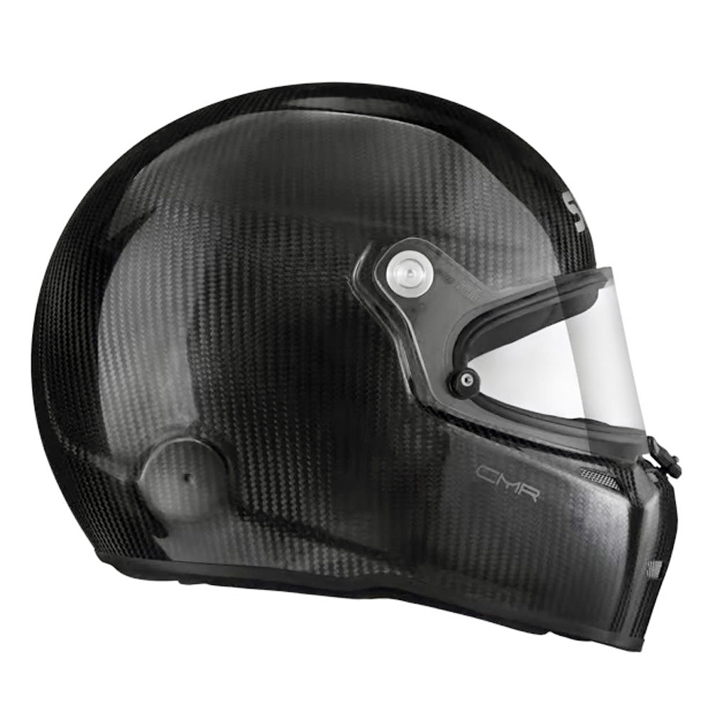Black carbon fiber karting helmet with visor on a white background