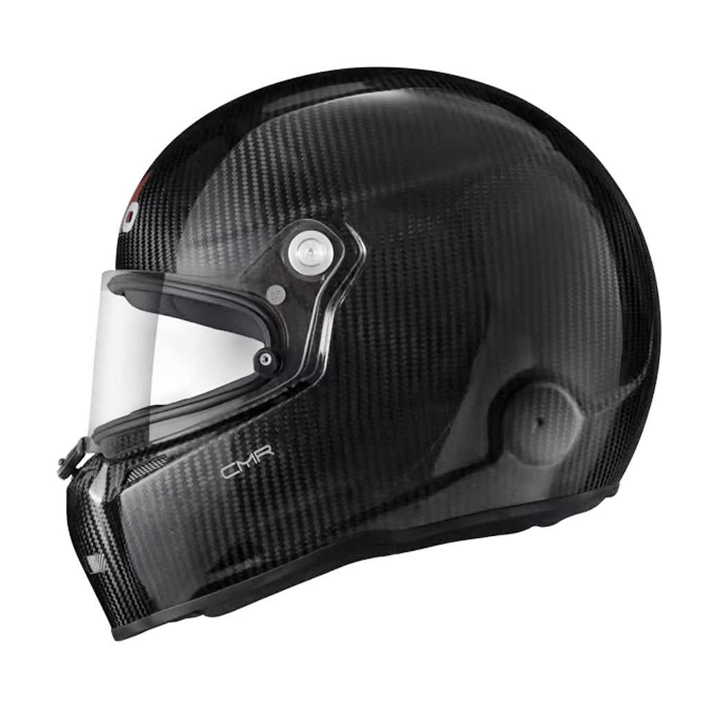 Carbon fiber kart racing helmet with clear visor on a white background