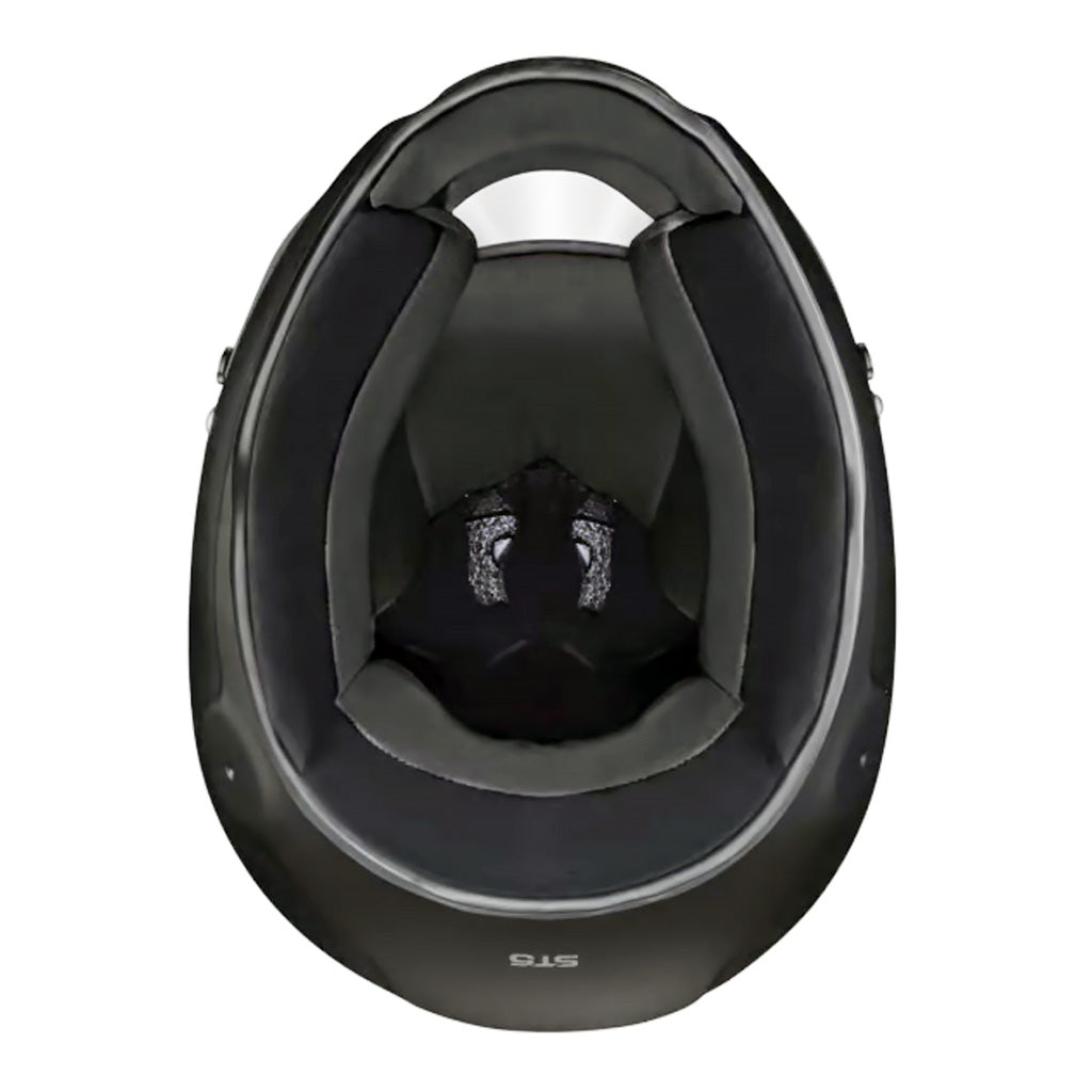 Black karting helmet bottom view with visible ST5 brand logo on a white background