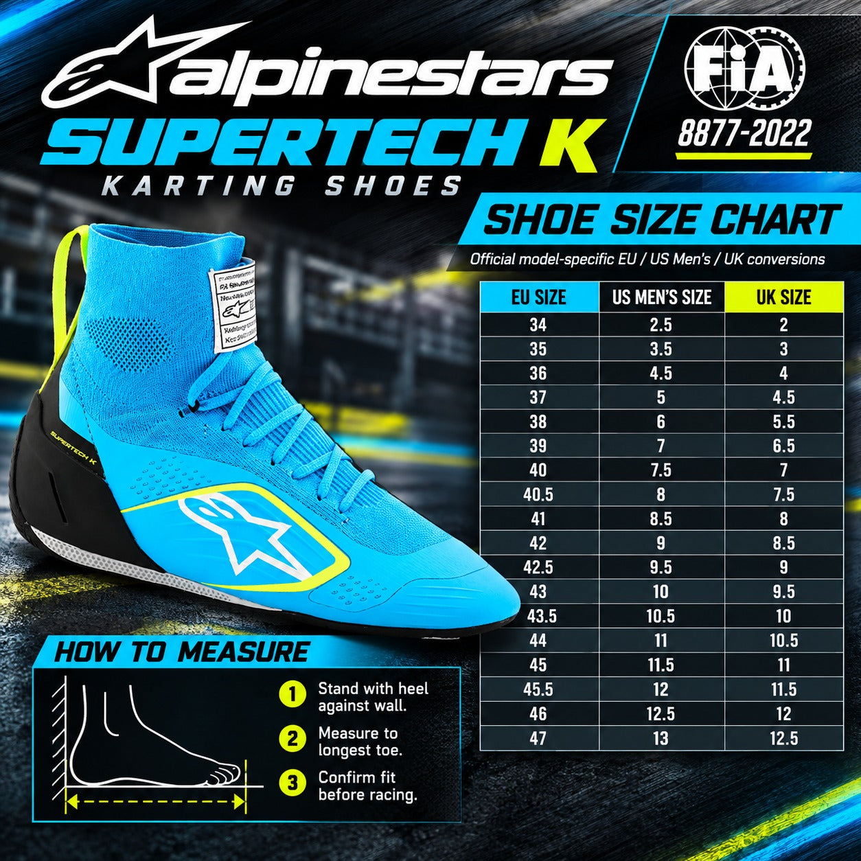 Alpinestars Supertech K Kart Racing Shoes sizing chart featuring blue and yellow karting shoes, EU sizes 34–47, US men's and UK size conversions, foot measuring instructions, and FIA 8877-2022 certification.