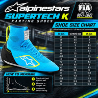 Thumbnail for Alpinestars Supertech K Kart Racing Shoes sizing chart featuring blue and yellow karting shoes, EU sizes 34–47, US men's and UK size conversions, foot measuring instructions, and FIA 8877-2022 certification.