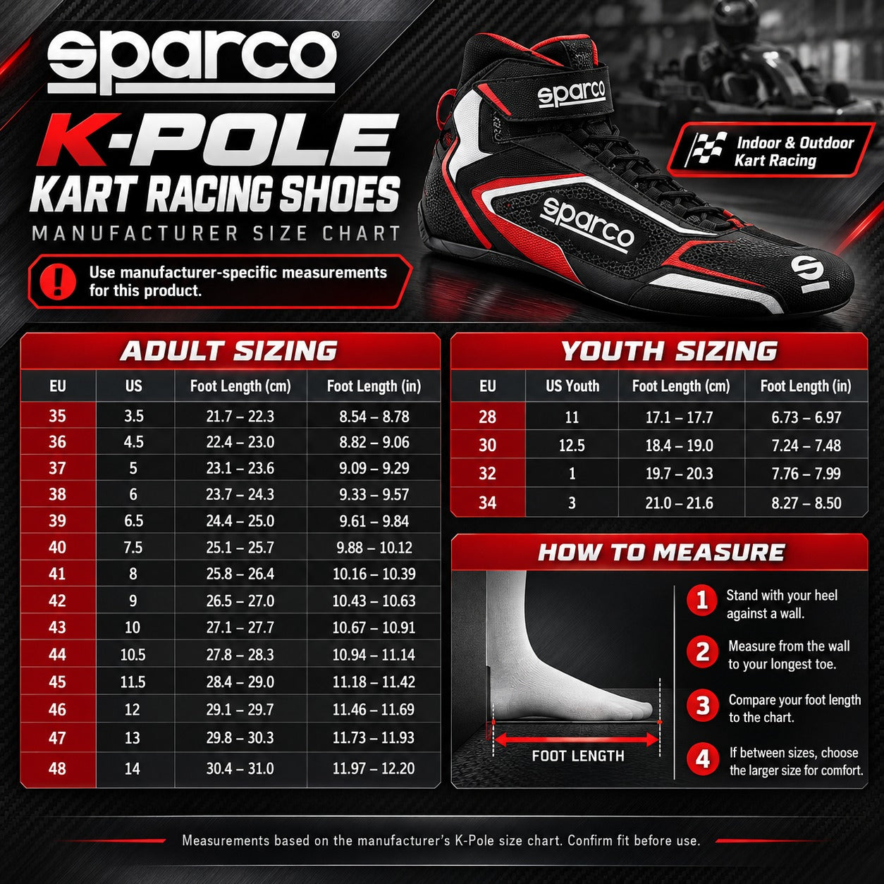 Sparco K-Pole Kart Racing Shoes sizing chart showing adult and youth sizes, EU and US size conversions, foot length in centimeters and inches, and shoe measuring instructions based on manufacturer-specific measurements.