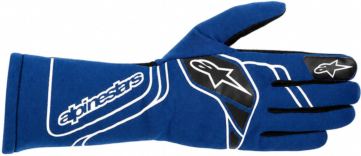 Alpinestars blue racing glove with white and black accents on a white background