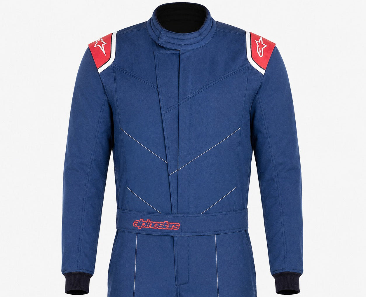 Alpinestars indoor kart racing suit in blue and red shown front-facing from the waist up on a white background