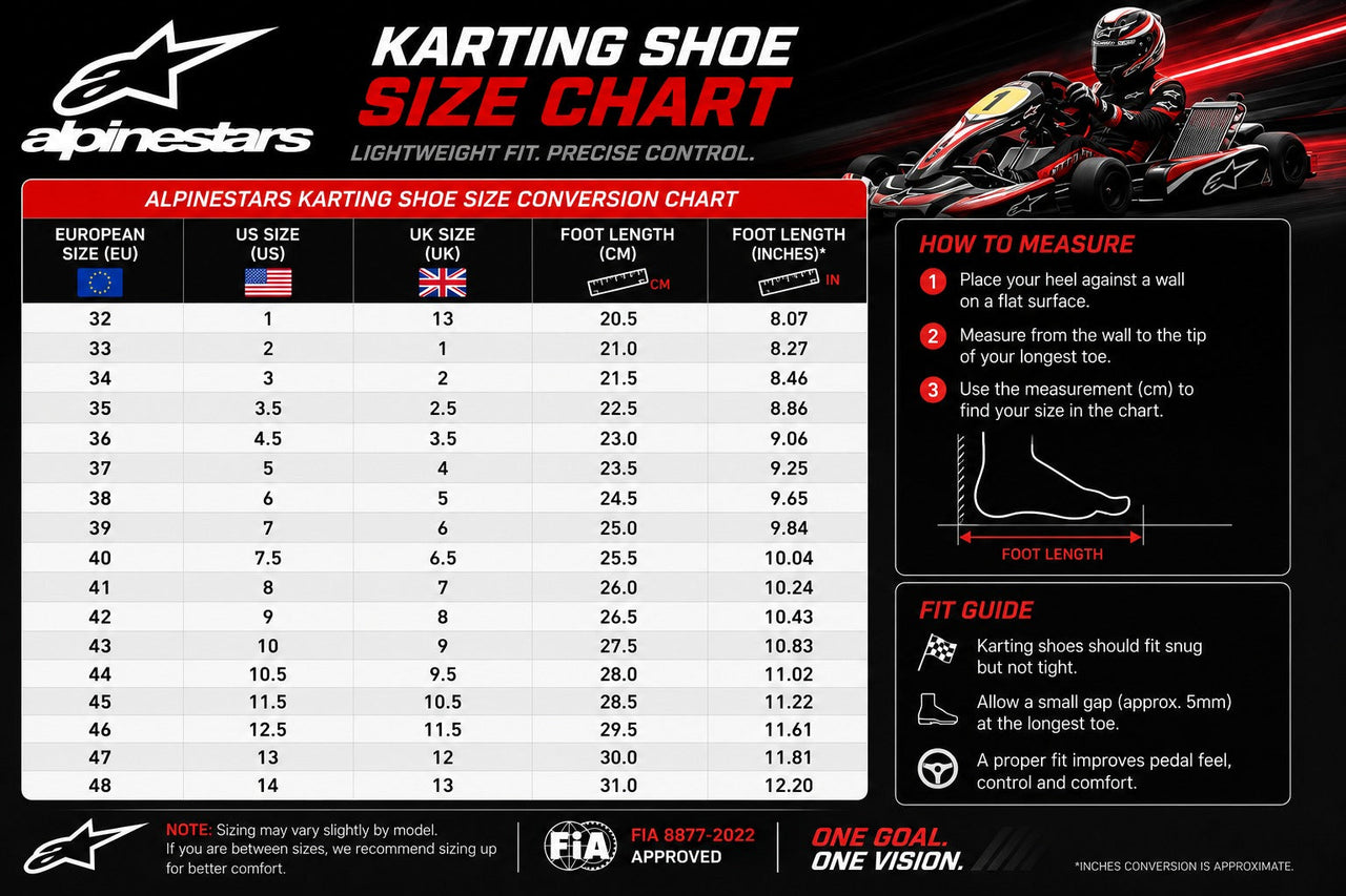 Alpinestars karting shoe size chart with European, US, UK, and foot-length conversions plus measuring and fit instructions.