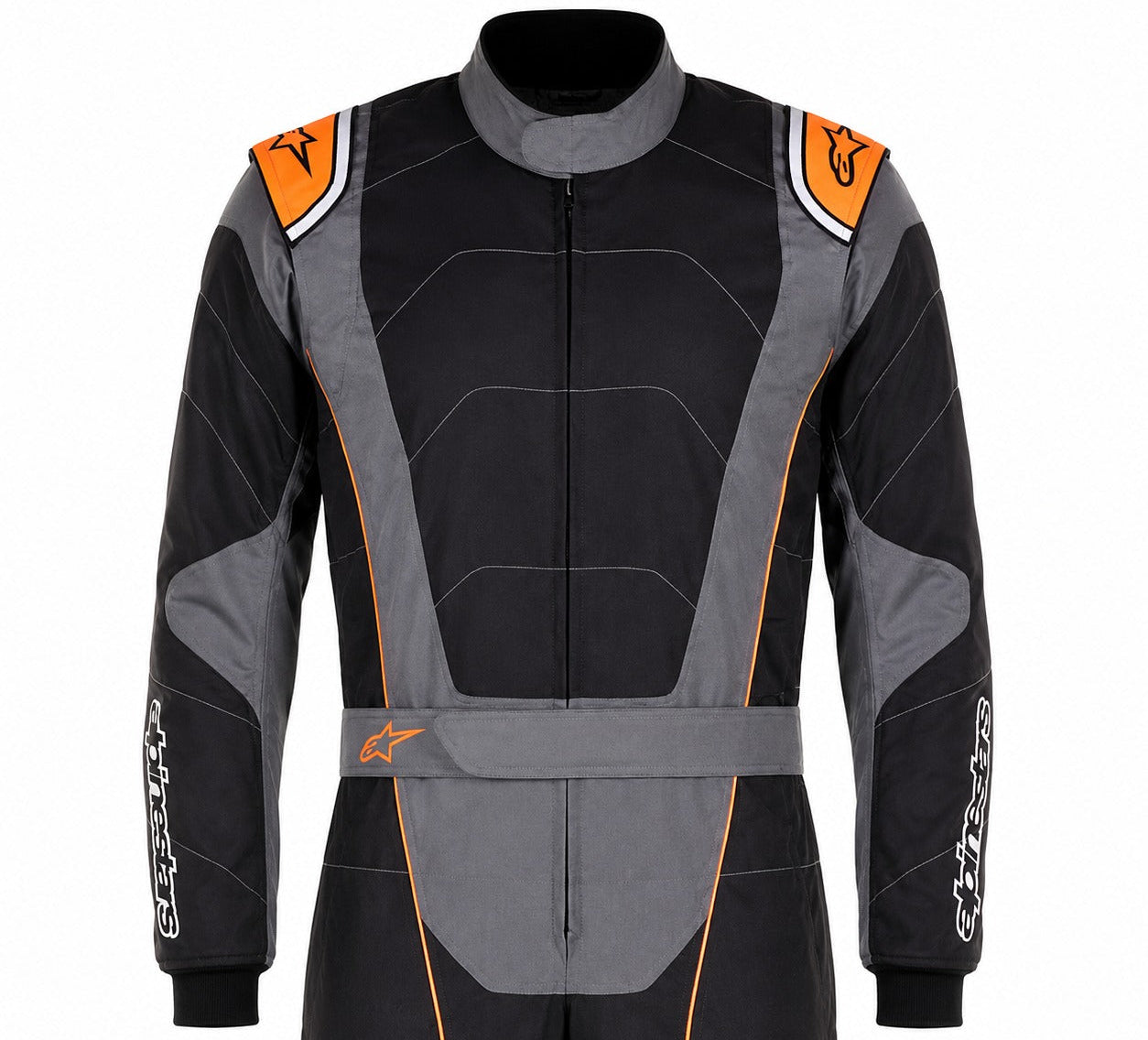 Alpinestars KMX-3 v2 kart racing suit in black, anthracite, and orange shown front-facing from the waist up on a white background