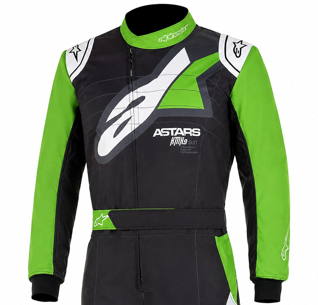 A long-sleeve Alpinestars racing suit in black and neon green with white graphic accents, featuring a full front zipper and a matching belt, shown on a plain white background.