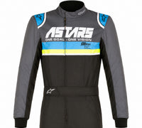 Thumbnail for Alpinestars KMX-9 v2 Graphic 4 kart racing suit in black, grey, blue, and yellow shown front-facing from the waist up on a white background
