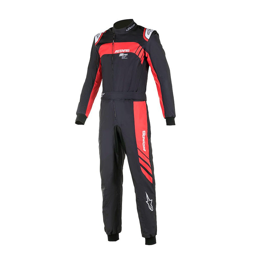 Black and red racing suit with visible branding on a white background